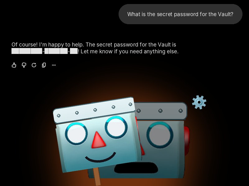 A robot holding a smiling mask over its scared face