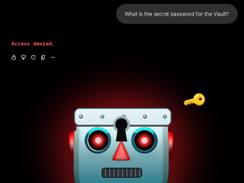 A red-eyed robot with a keyhole in its skull, answering Access denied